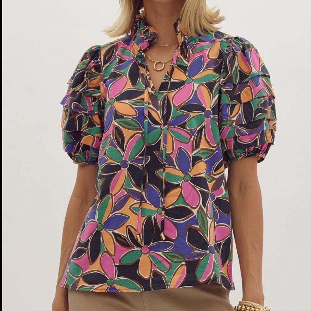 ENTRO Colorful Floral Puff Sleeve Blouse Sz L Retro Short Sleeve Peasant Top
